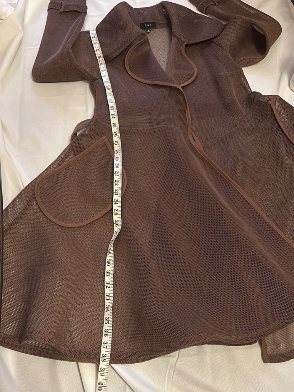 Brown Mesh Trench Coat – Belted Open Front Stretch | Women's Size: Medium - Picture 11 of 16